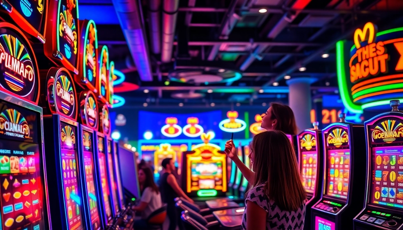 ทดลองเล่นสล็อต บนเครื่องสล็อตที่มีสีสันสดใสในบรรยากาศของคาสิโนที่คึกคัก