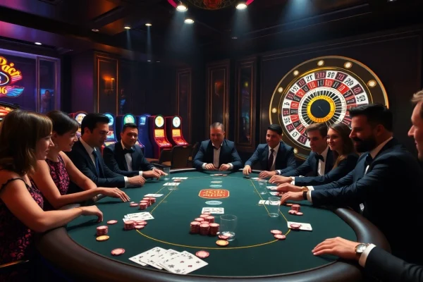 Engaged players enjoy a thrilling poker game at https://f168.sarl/, showcasing colorful chips and cards.