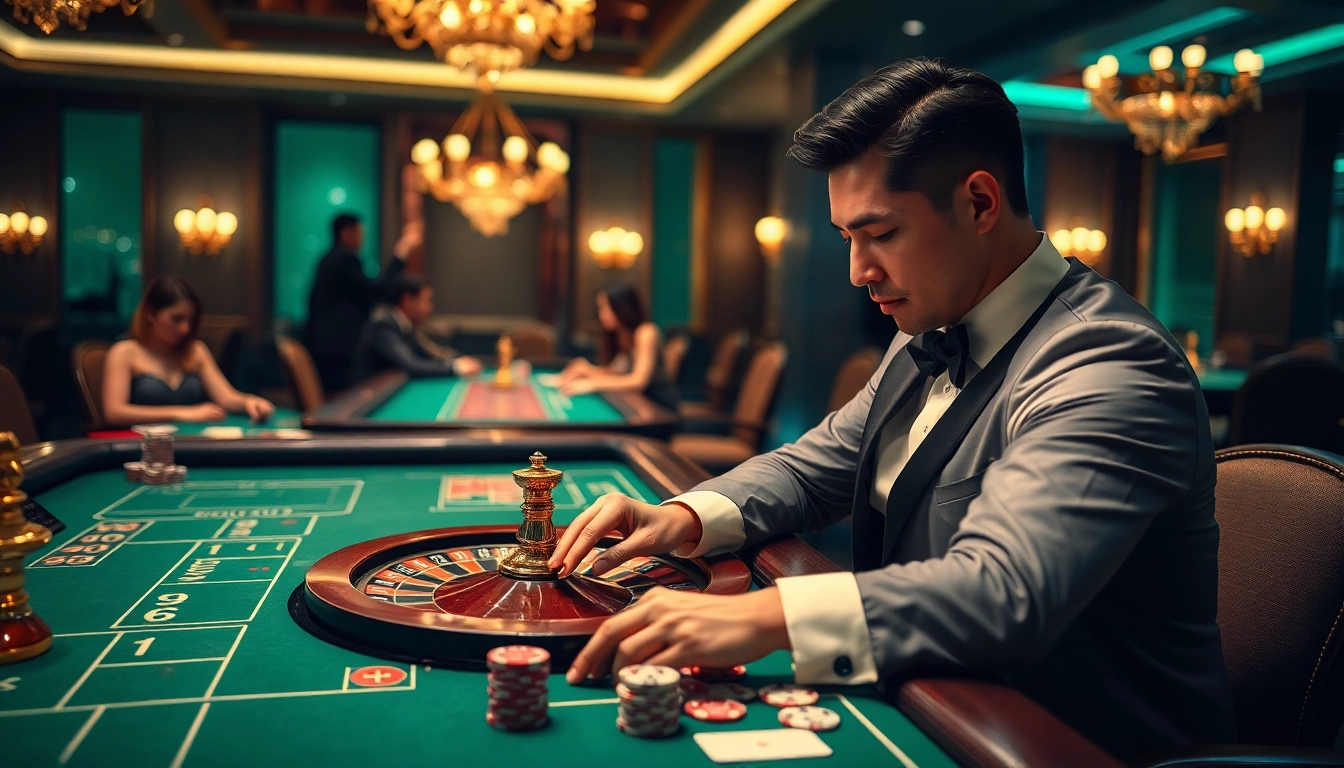 Engaged player contemplating options in a vibrant, luxurious gambling atmosphere for Xổ số hôm nay.