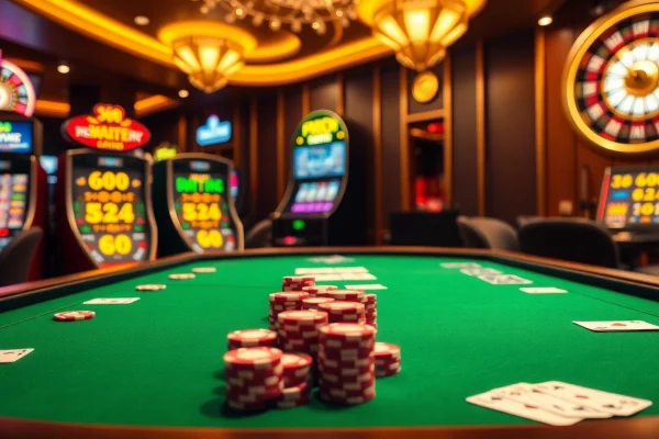 Go8 gaming table with vibrant poker chips and roulette wheel in a luxurious casino setting.