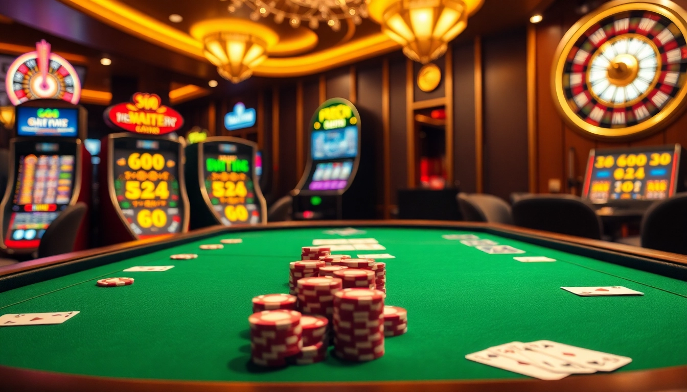 Go8 gaming table with vibrant poker chips and roulette wheel in a luxurious casino setting.