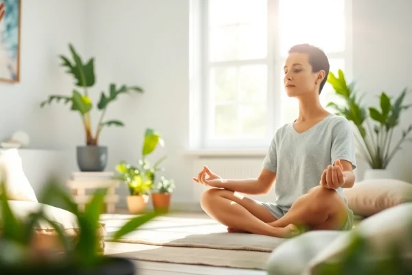 Enhance emotional wellbeing by visualizing a peaceful meditator in a natural light-filled room.