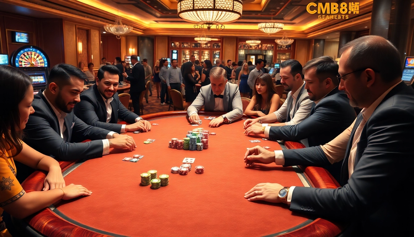 Players engage in a thrilling poker game at a casino, highlighted by CM88's luxury gaming atmosphere.