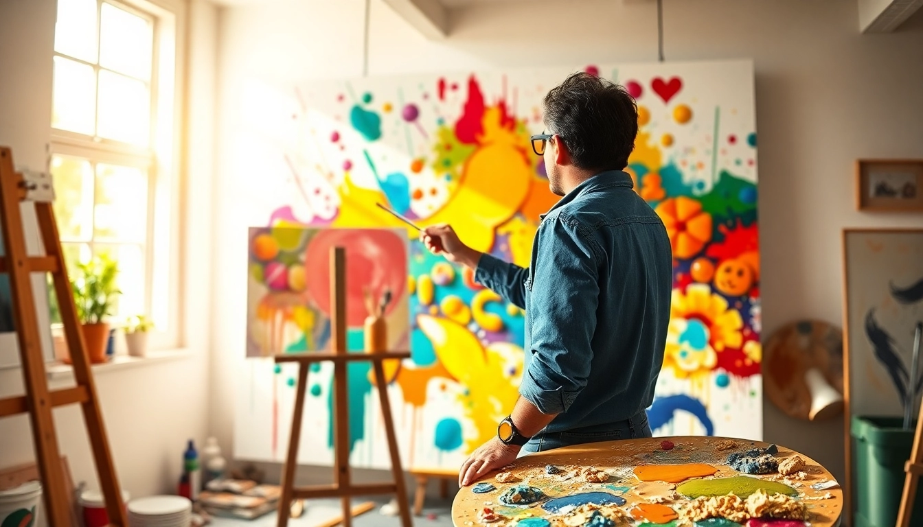 Creating a vibrant painting inside a bright studio with art supplies.