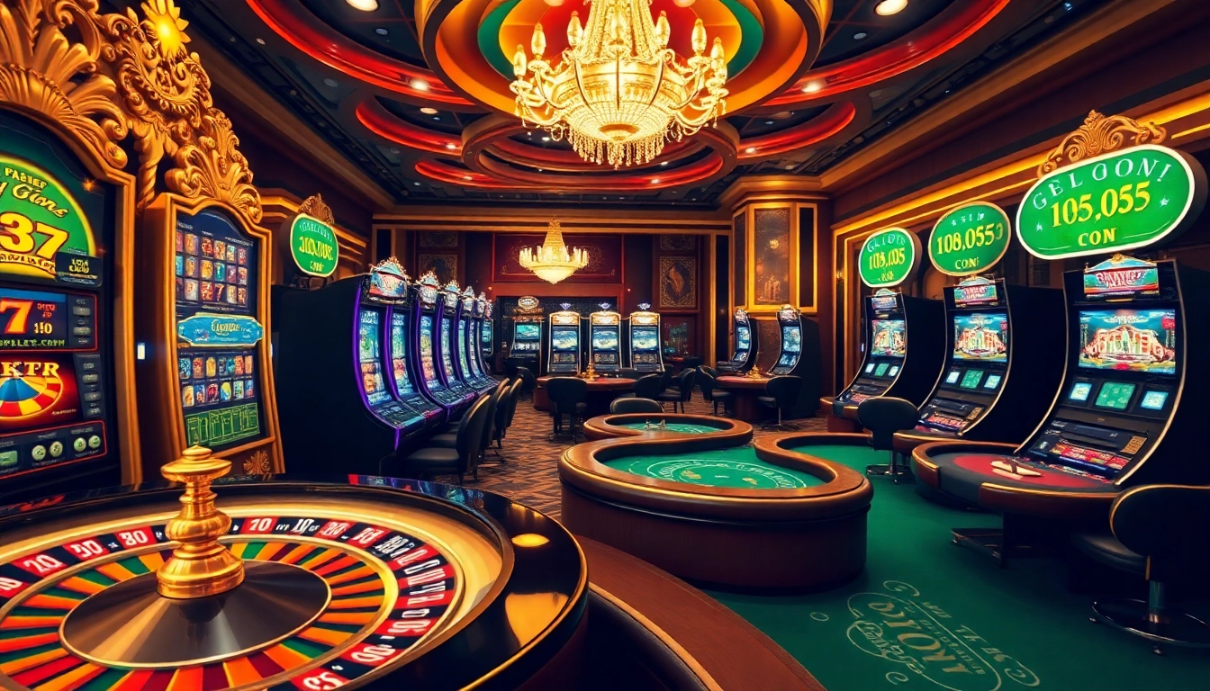 Cazinouri online germania bonus fără depunere prezentate într-un cazinou online luxos, cu jocuri vibrante şi jucători implicaţi.