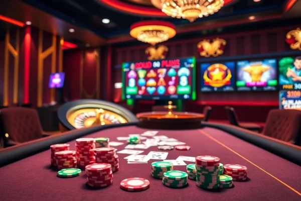 Engaging GG88 online casino scene with poker chips, cards, and roulette wheel.
