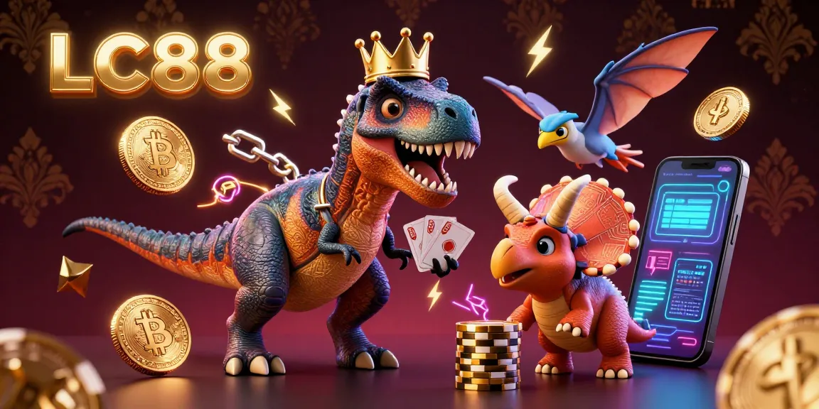 Engage in winning strategies with LC88 in this vibrant casino scene featuring playful dinosaurs.