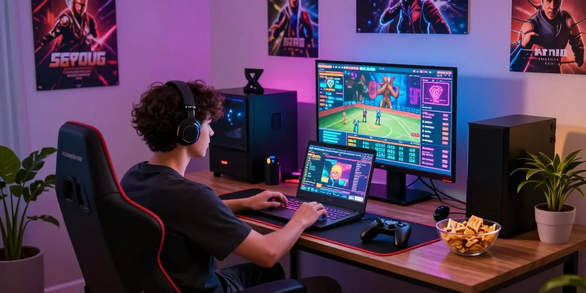 Engaged gamer playing on QS88, vibrant gaming setup with colorful lights and snacks.