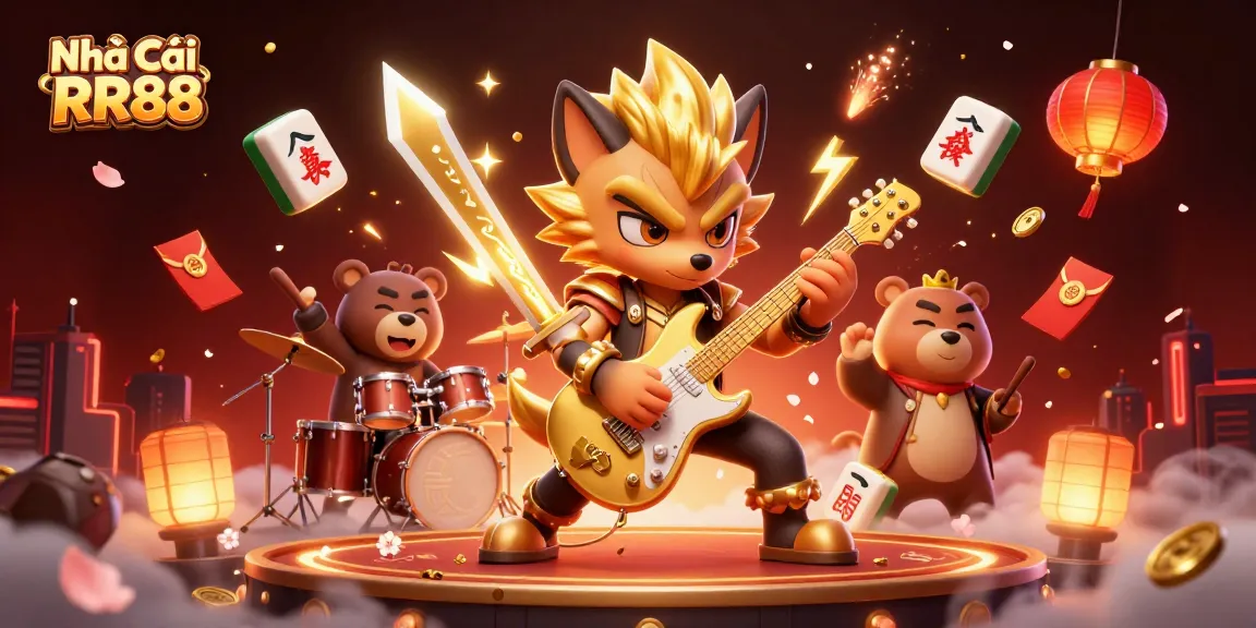 Engaging scene depicting Nhà Cái RR88 with a rocking wolf, dynamic elements, and festive casino settings.